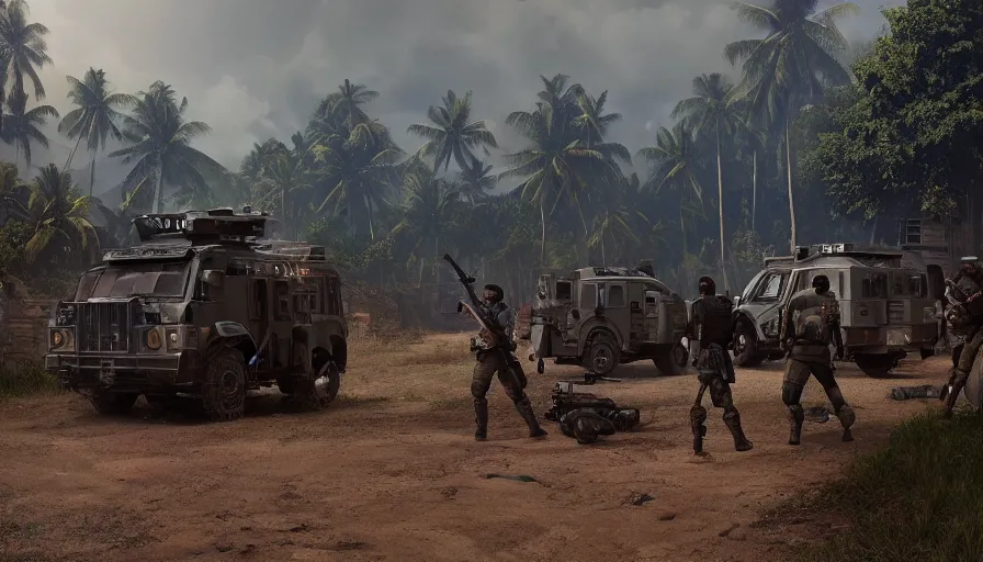 Prompt: a militarized police vehicle riding through a kerala village, troops searching the area, furious action scene, an epic fantasy, dramatic lighting, cinematic, establishing shot, extremely high detail, photorealistic, cinematic lighting, artstation, matte painting, octane render, by simon stalenhag, shadow of the tomb raider, aesthetic