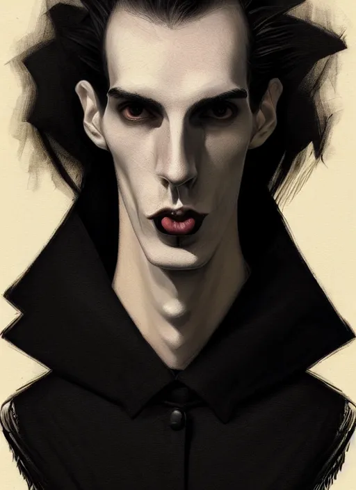 Prompt: portrait of a lanky man with a crooked nose and a confident expression, 1 9 6 0 s, black clothes, goth, punk, funk, intricate, elegant, highly detailed, digital painting, artstation, concept art, smooth, sharp focus, illustration, art by wlop, mars ravelo and greg rutkowski