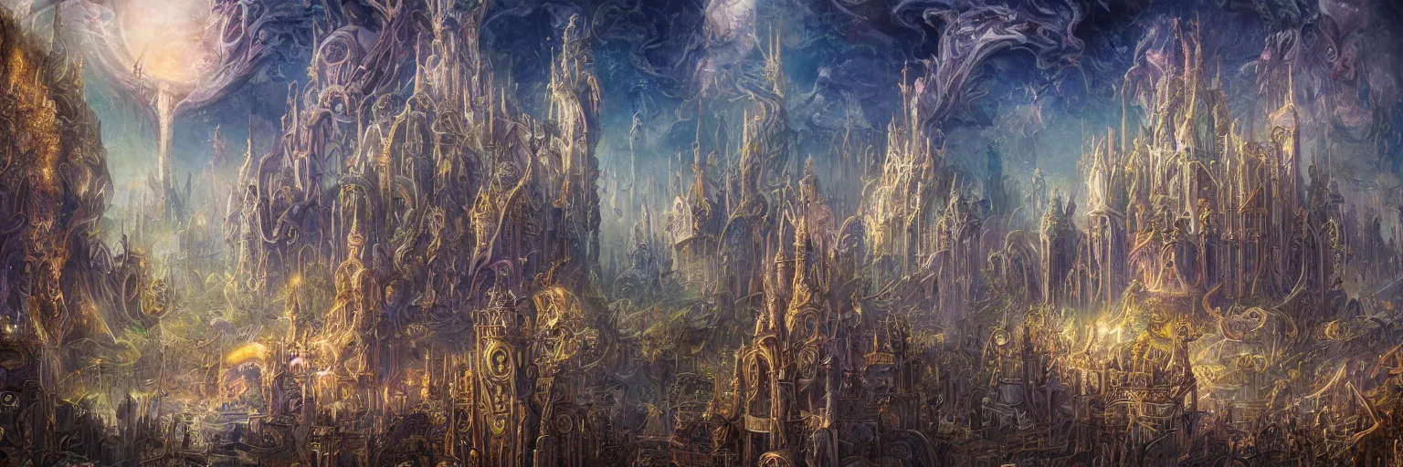 Prompt: strange beautiful bizarre gorgeous chaos castle in the nebular vortex realm, art nouveau architecture, massive ramparts, hyperdetailed infrastructure by greg rutkowski, satoshi kon and rodney matthews, artstation, epic psychedelic atmosphere, clouds, photorealism, complex color scheme, uhd