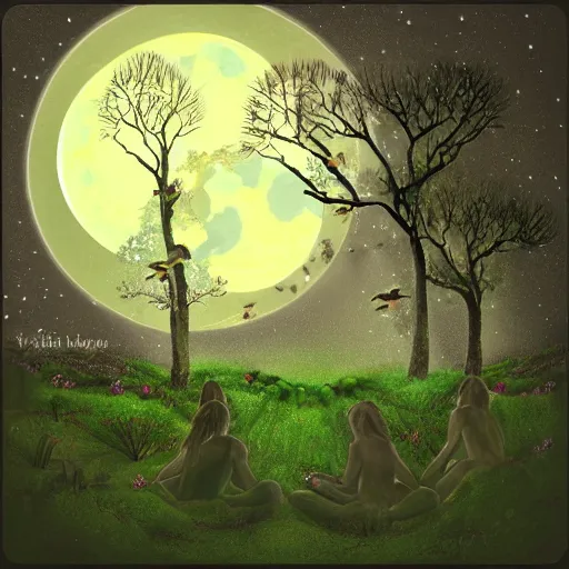 Image similar to a serene forest of faeries, beautiful double moon in the night sky