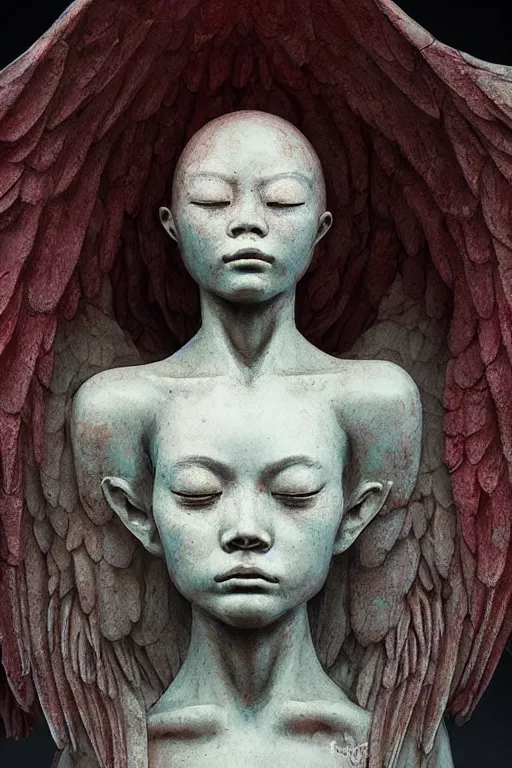 Image similar to an angel portrait made by James Jean, Hiroshi Yoshida, Zdzisław Beksiński , low light, sculpture, relic, highly detailed, ruby