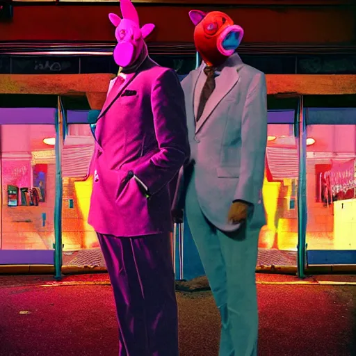 Prompt: man wearing a pink suit and a pink pig mask standing outside a night club, chris foss, john harris, beeple, wayne barlowe