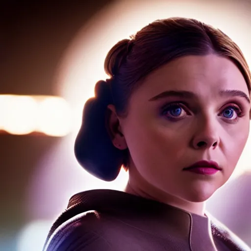 Image similar to Adult Chloe Moretz as Princess Leia, XF IQ4, 150MP, 50mm, f/2.8, ISO 200, 1/400th, natural light