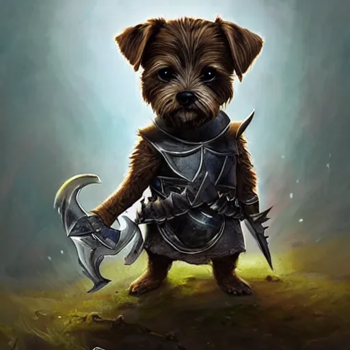 Image similar to A cute little anthropomorphic border terrier knight wearing leather body armor, joy, happy, adorable, short, baby animal, DnD character art portrait, ultra realistic, ultra detailed, cinematic lighting, epic lighting, volumetric light, DeviantArt Artstation, by Jason Felix by Steve Argyle by Tyler Jacobson by Peter Mohrbacher