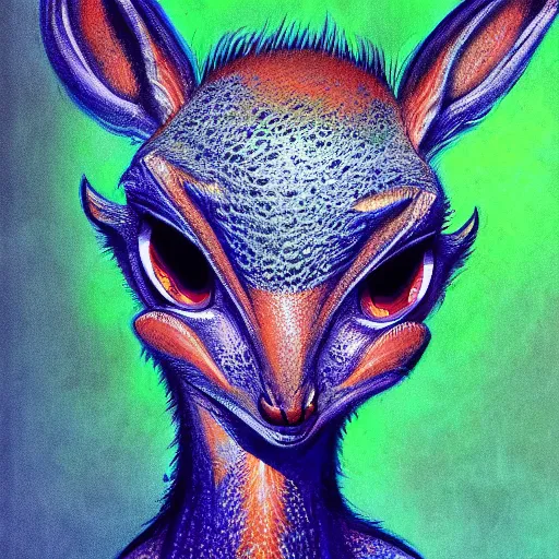 Prompt: a dik dik monster colorful, cinematic, poster, cinema, 8k,HDR, chalk, digital art, fantasy, magic, trending on artstation, ultra detailed, professional illustration by Basil Gogos