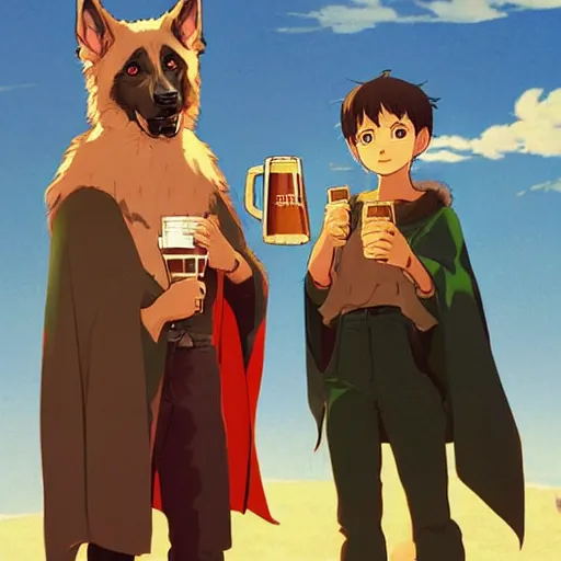 Image similar to a two german shepherds beast - men, holding a mug of beer, a lot of pockets, fur cape, tavern background, magical, bright, colorful, fantastic lighting, amazing details, 4 k uhd, illustration by hayao miyazaki and makoto shinkai and ilya kuvshinov, artstation, pixiv,