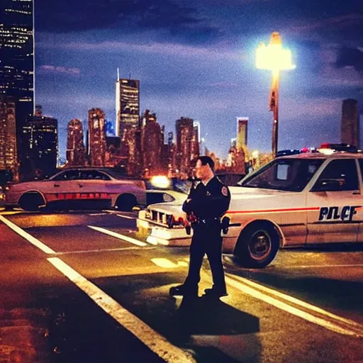 Image similar to “ michael oblowitz directing a hard - boiled cop action movie in queens at night with the new york skyline in the distance. heavy rain, cinematic ”