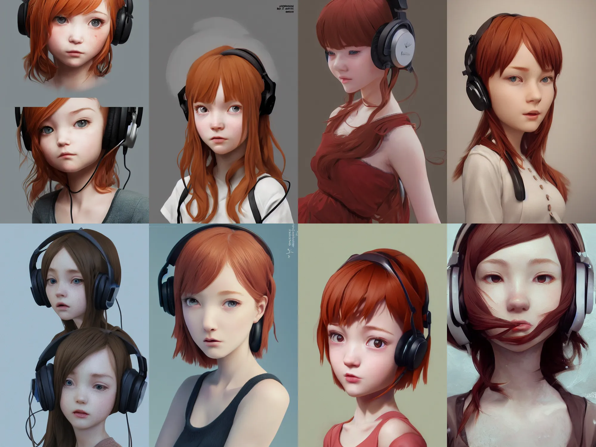 Prompt: complicated dynamic composition,realistic style at CGSociety by WLOP,ilya kuvshinov,krenz cushart,Greg Rutkowski,trending on artstation. Zbrush sculpt colored,Octane render in Maya and Houdini VFX,realistic close-up face of cute young redhead girl, expressing joy, dress,headphones,silky hair, deep eyes.Amazing textured brush strokes.Cinematic dramatic atmosphere,sharp focus, soft volumetric studio lighting.