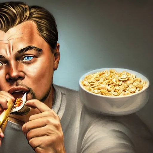 Image similar to a detailed portrait of leonardo dicaprio eating cereal with a fork, art illustration, incredibly highly detailed and realistic, 8 k, sharp focus