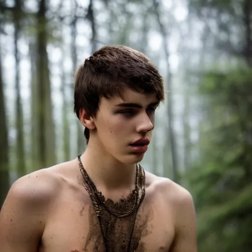 Image similar to a teenage boy, around 1 9 yo. looking sad. natural brown hair. loincloth, pale skin. detailed face. ominous and eerie looking forest i'm background. natural colors.