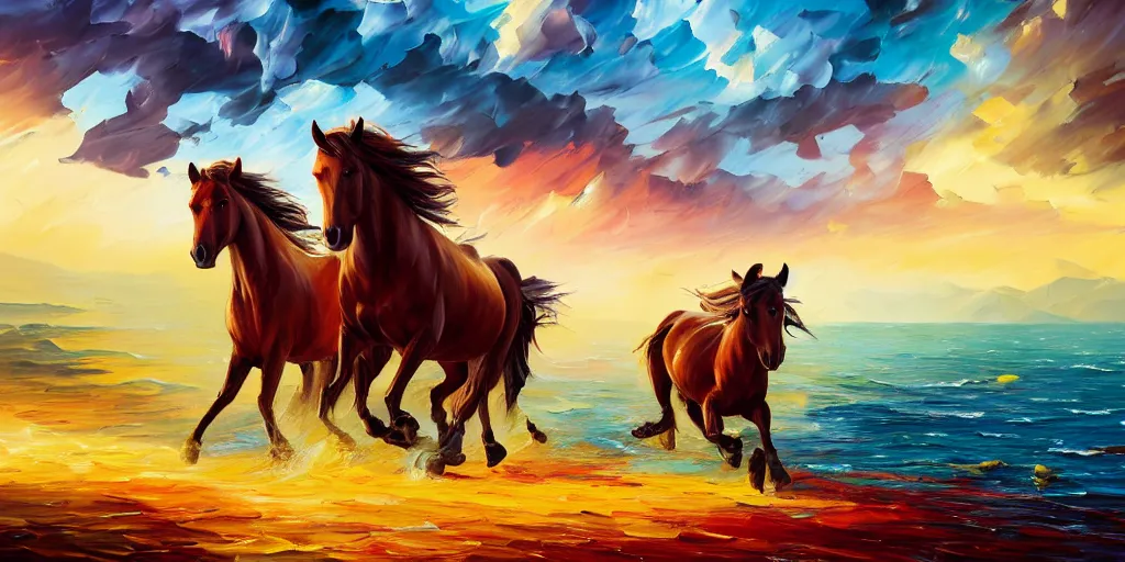 Prompt: wild horses chasing each other, Alena Aenami, Leonid Afremov, Petros Afshar, Noah Bradley, Anton Fadeev, Anato Finnstark, Steve Henderson, Filip Hodas, Mark Keathley, Thomas Kinkade, Phil Koch, Gilbert Williams, Mike Winkelmann, Beeple