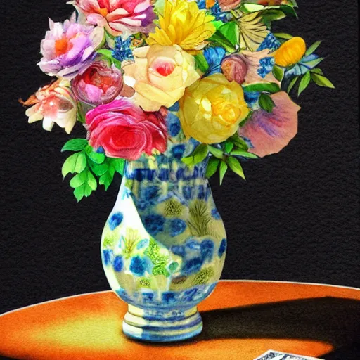 Image similar to a porcelain vase with a colorful and beautiful flower arrangement. very stylize and delicate watercolor and pencil drawing. beautiful lighting, 4 k post - processing, trending in art station, cg society, highly detailed, 5 k extremely detailed, 3 d. cinematic scene.