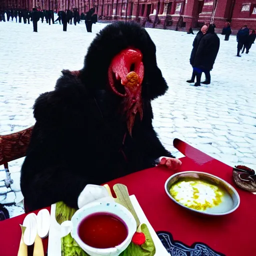 Image similar to Dragon from Skyrim eating russian borsch soup on the Red Square,