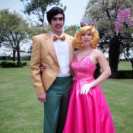 Prompt: awkward prom photo of mario and princess peach
