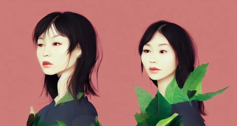 Image similar to asian female wearing leaf costume, contrast lightning, rough dark background, art by dannylailai on artstation, by hsiao ron cheng