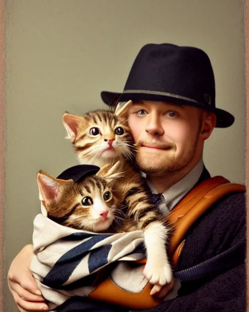 Prompt: gentlemen wearing a hat and wearing a baby sling on the back with a kitten in the sling, studio portrait, golden ratio, backlit