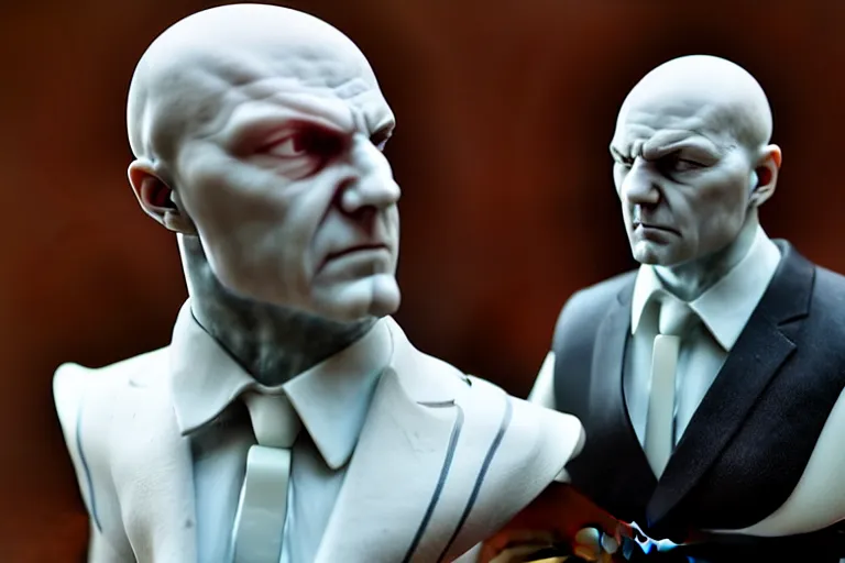 Prompt: a marble sculpture of agent 4 7 from hitman wearing headphones