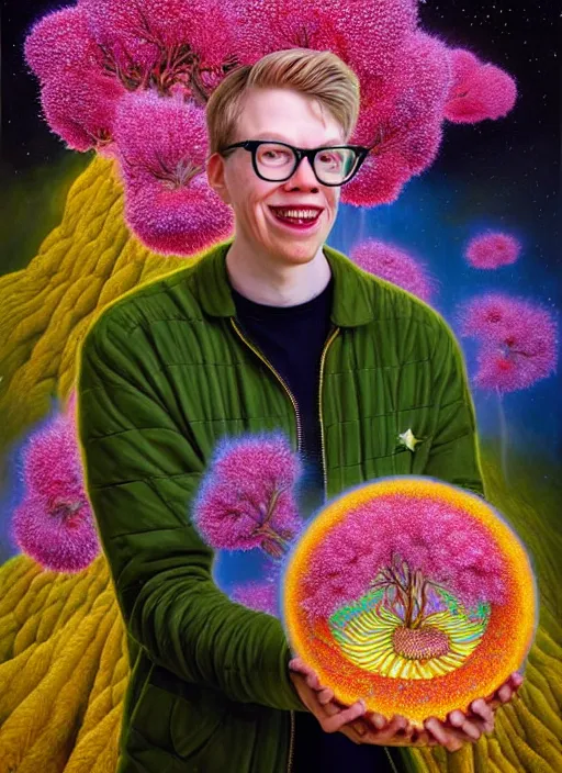 Image similar to hyper detailed 3d render like a Oil painting - friendly portrait of youtuber Hank Green in Aurora (Singer) seen Eating of the Strangling network of yellowcake aerochrome and milky Fruit and Her delicate Hands hold of gossamer polyp blossoms bring iridescent fungal flowers whose spores black the foolish stars by Jacek Yerka, Mariusz Lewandowski, Houdini algorithmic generative render, Abstract brush strokes, Masterpiece, Edward Hopper and James Gilleard, Zdzislaw Beksinski, Wolfgang Lettl, hints of Yayoi Kasuma, octane render, 8k