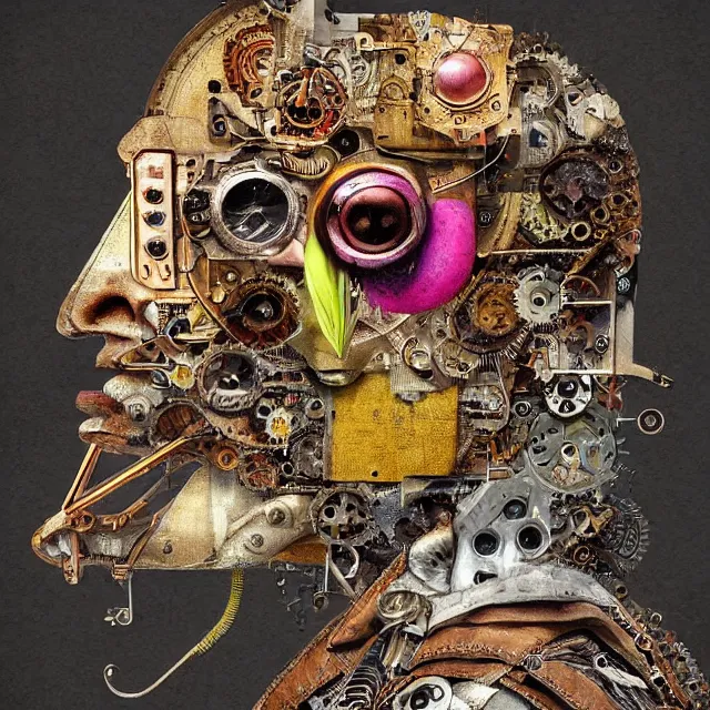 Image similar to profile portrait of a bird, computer parts, mechanical parts, by giuseppe arcimboldo, steampunk, cyberpunk, futuristic, psychedelic, surreal, sci - fi, vaporwave, alien, dreamlike.