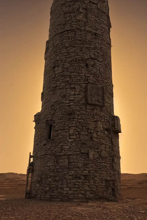 Image similar to an old decaying tower in the middle of a vast desert, fantasy, hyper realistic, atmospheric lighting, 8k,