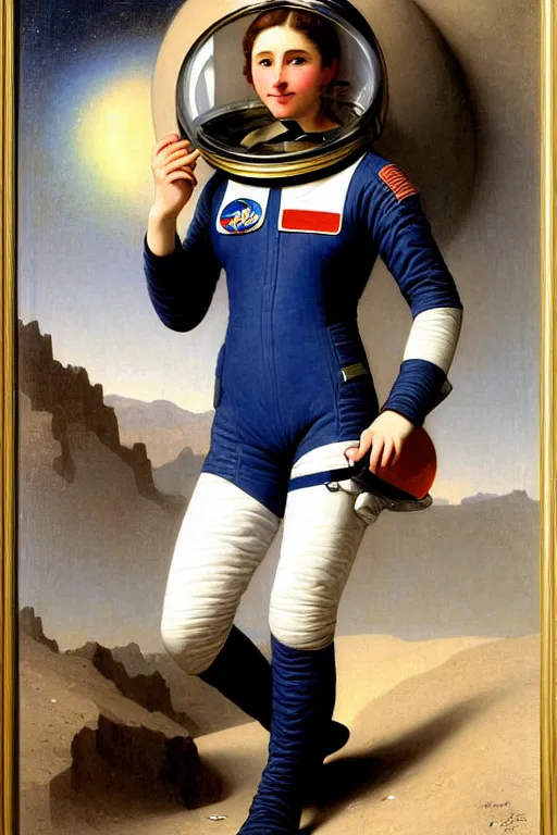 Image similar to a portrait of a female astronaut, wearing a spacesuit and helmet, by bouguereau