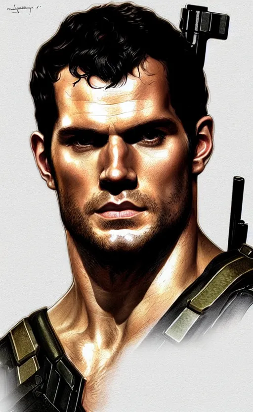 Image similar to portrait of henry cavill as chris redfield, resident evil, pistol, upper body, henry cavill!!!, fantasy, intricate, elegant, highly detailed, digital painting, artstation, concept art, smooth, sharp focus, illustration, art by artgerm and greg rutkowski and alphonse mucha