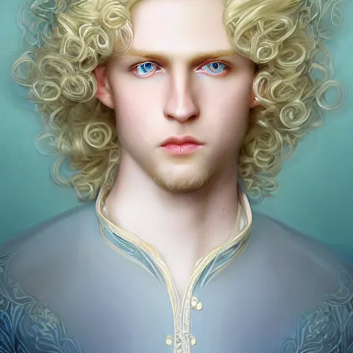 Image similar to Portrait of magical blond prince, very very very very pale white skin, long curly blond hair, dreamy and ethereal, pastel blue eyes, peaceful expression, ornate frilly regal shirt, fantasy, intricate, elegant, dynamic lighting, highly detailed, digital painting, artstation, concept art, smooth, sharp focus, illustration, art by artgerm and greg rutkowski and alphonse mucha