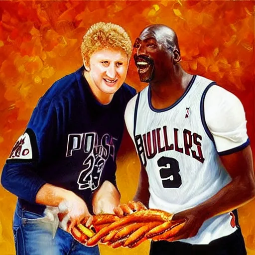 Image similar to portrait of larry bird and michael jordan sharing hotdogs, an oil painting by ross tran and thomas kincade