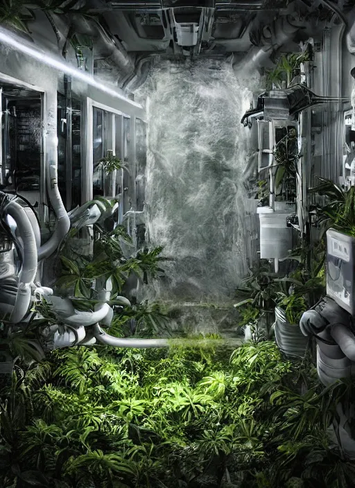 Image similar to secret Military lab, tropic plants growing inside cryo chambers connected with cable, photo realistic, realistic, cinematic, establishing shot, extremly high detail, cinematic lighting, concept art, matte painting, denoise