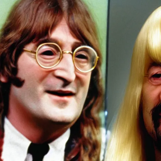 Image similar to john lennon playing captain kangaroo with long blond hair