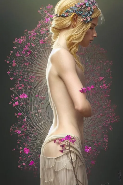 Image similar to symmetry!! full body portrait!!!! of a beautiful!!!! delicate elegant nordic shield maiden, pretty face!!!!, flower petals, intricate, elegant, highly detailed, digital painting, artstation, concept art, smooth, sharp focus, illustration, art by artgerm and greg rutkowski and alphonse mucha, 8 k