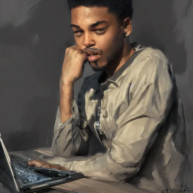 Image similar to a lightskinned black man with short hair, using a macbook, portrait, elegant, intricate, digital painting, artstation, concept art, smooth, sharp focus, illustration, art by konstantin korovin and daniel f. gerhartz and john howe