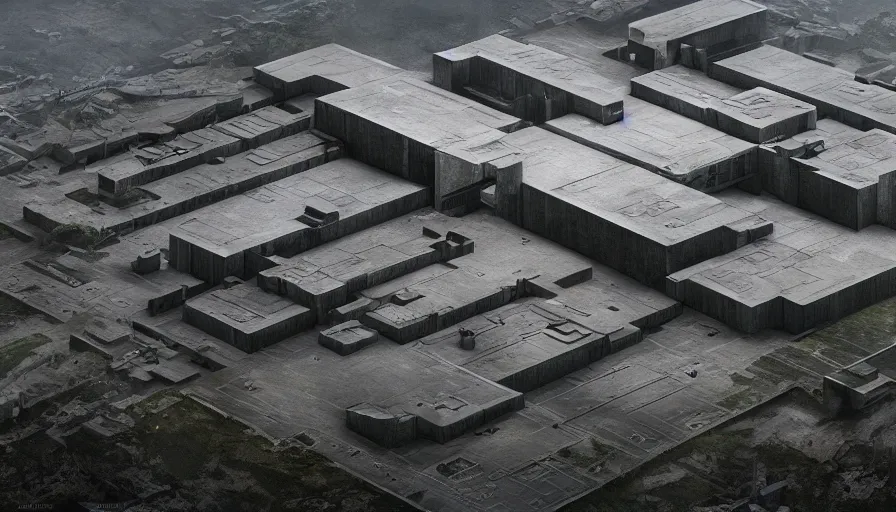 Image similar to big brutalist military base on clliffs, drawing architecture, very long shot, top angle, pritzker architecture prize, science fiction, control the game, brutalism, earthbound, jan urschel