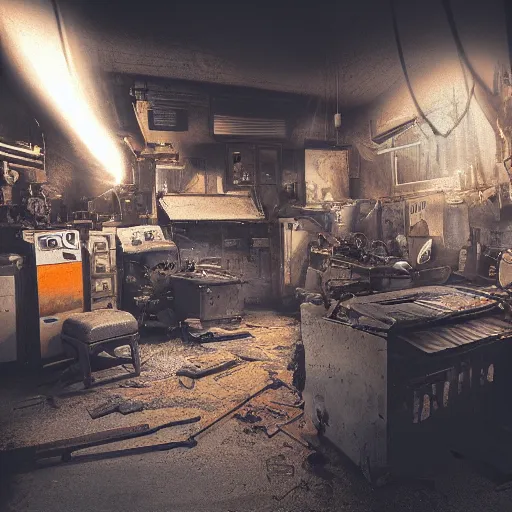 Image similar to original amiga 5 0 0, dark messy smoke - filled cluttered workshop, dark, dramatic lighting, orange tint, cinematic, highly detailed, sci - fi, futuristic, movie still