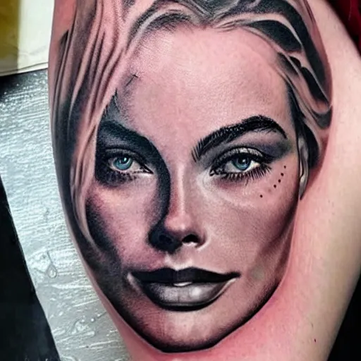 Image similar to face morph tattoo design of margot robbie with beautiful mountain scenery, in the style of chris mataafa, amazing detail