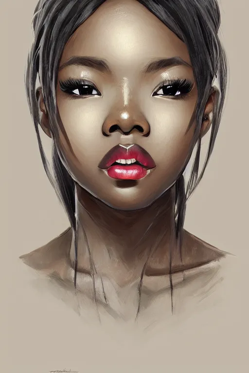 Prompt: A bust of a beautiful black skinned Japanese girl with large lips and smooth eyebrows and straight hair, HD, illustration, epic, fantasy, intricate, elegant, amazing detail, digital painting, artstation, concept art, smooth, sharp focus, illustration, art by Turine Tran