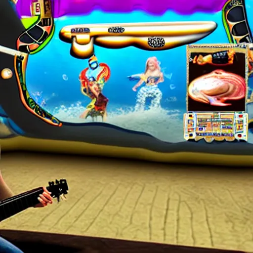 Prompt: Sea Siren playing guitar Hero on their Wii