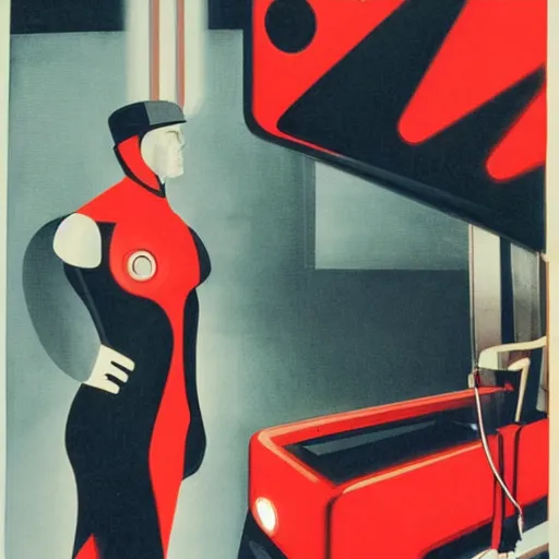 Image similar to man in futurist 6 0 ´ s lab, machines and futurist robots, red lights, leyendecker style, black suit