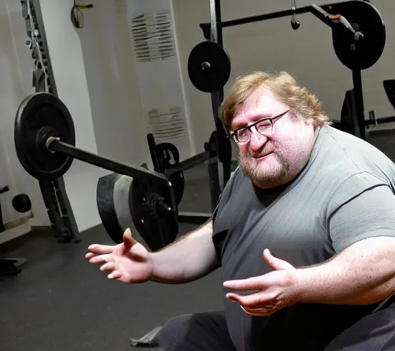 Image similar to gabe newell doing squats, award winning photograph