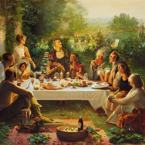 Prompt: a bohemian group of people performing rich meal by candlelight on the veranda among the greenery in summer