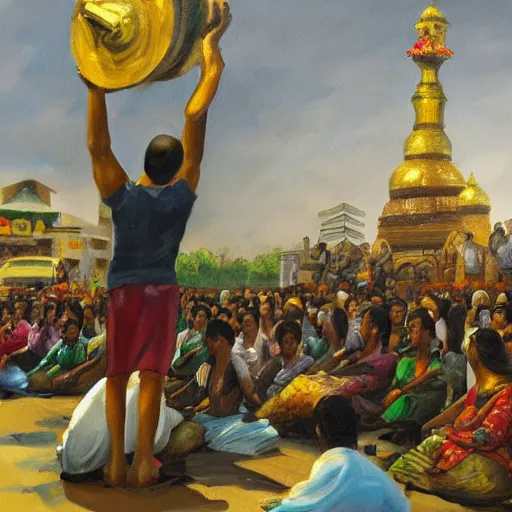 Prompt: an oil painting of a oil being worshipped my millions in Dhaka city, concept art