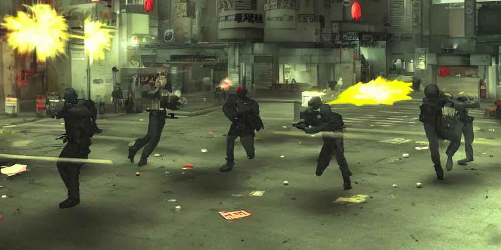 Prompt: 1998 Video Game Screenshot, Anime Neo-tokyo Cyborg bank robbers vs police, Set in Bank Vault Room, bags of money, Multiplayer set-piece, Police officers hit by bullets :5, Police Calling for back up, Bullet Holes and Blood Splatter, Smoke Grenades, Large Caliber Sniper Fire, Chaos, Cyberpunk, Money, Anime Bullet VFX, Machine Gun Fire, Violent Gun Action, Shootout, Payday 2, Highly Detailed, 8k :6 by Katsuhiro Otomo + Studio Gainax : 8