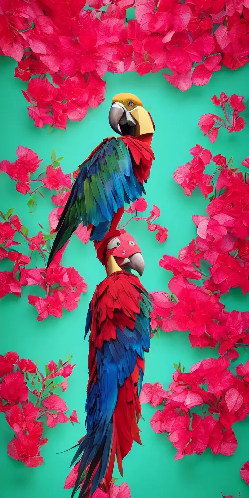 Prompt: anthropomorphic macaw woman wearing a flowing samba inpsired white and mint colored paper dress, background amazon jungle made of paper, paper Bougainvillea, many origami Bougainvillea, eery light, 3D, very detailed, octane render, trending ArtStation, artgem