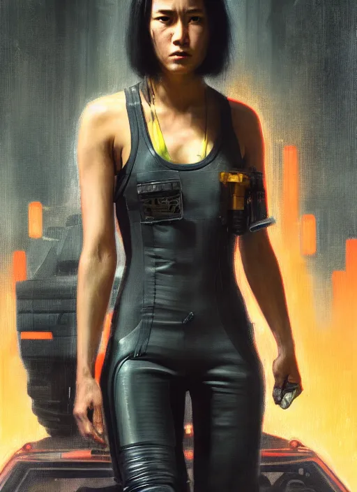 Image similar to Nikki Tanaka. Cyberpunk mechanic in jumpsuit (blade runner 2049, cyberpunk 2077). Orientalist portrait by john william waterhouse and James Gurney and Theodore Ralli and Nasreddine Dinet, oil on canvas. Cinematic, hyper realism, realistic proportions, dramatic lighting, high detail 4k