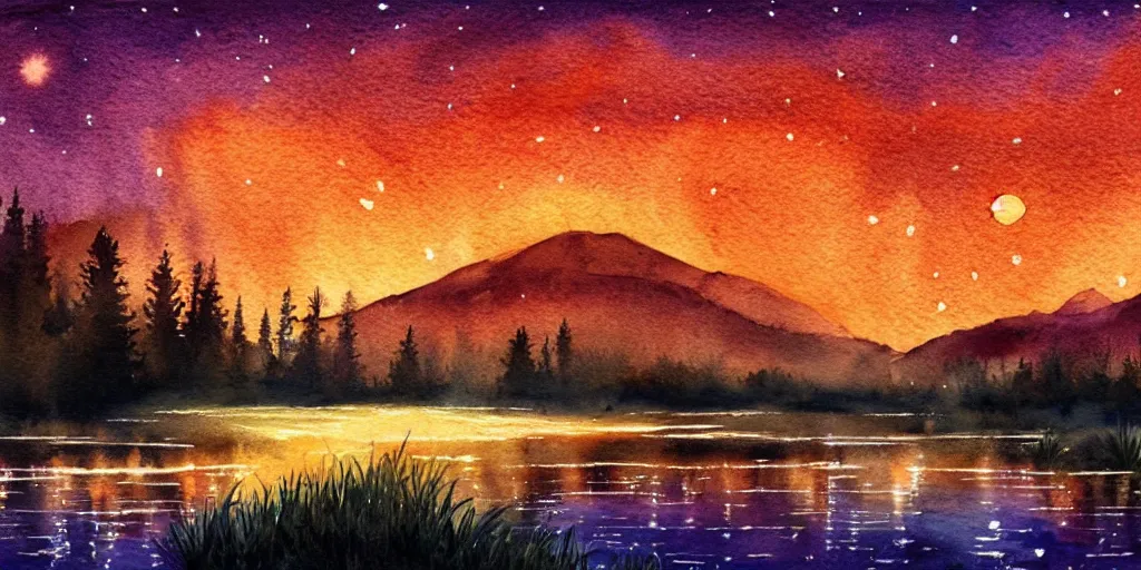 Prompt: nighttime nature landscape, watercolor, ultra realistic, highly detailed, hd, sharp focus, warm colors, realistic, vivid colors, painting, non blurry, sharp, smooth, illustration