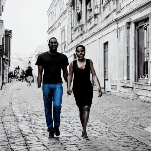 Prompt: black man and white woman walking in belgrade