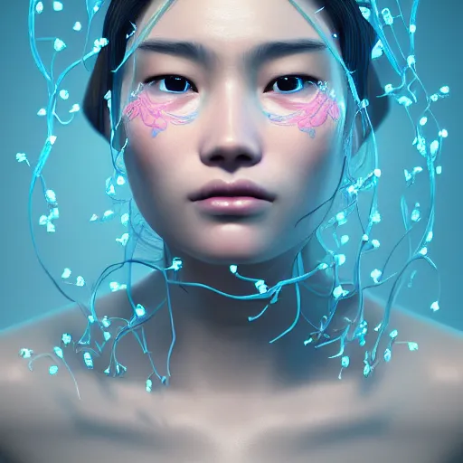 Image similar to intricate highly detailed face portrait of asian - european woman, light blue - pink gradient water vines on her face, intricate, cgsociety, unreal engine, octane render, sharp focus, smooth, volumetric lighting, cinematic composition, artstation