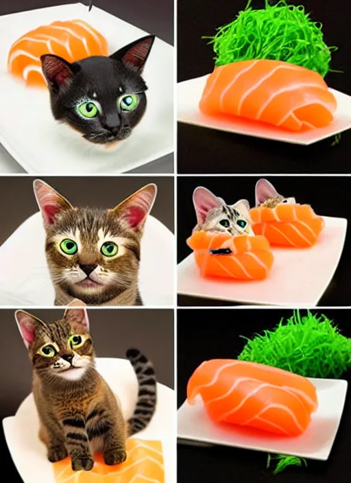 Image similar to clear photorealistic picture of adorable cats made out of sushi