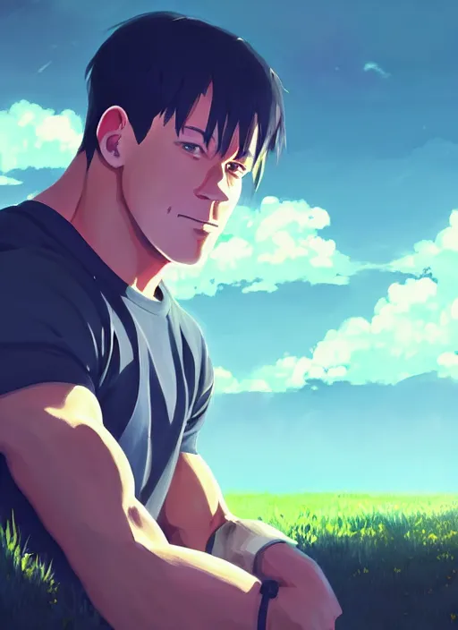 Image similar to portrait of john cena wwe, cloudy sky background lush landscape illustration concept art anime key visual trending pixiv fanbox by wlop and greg rutkowski and makoto shinkai and studio ghibli