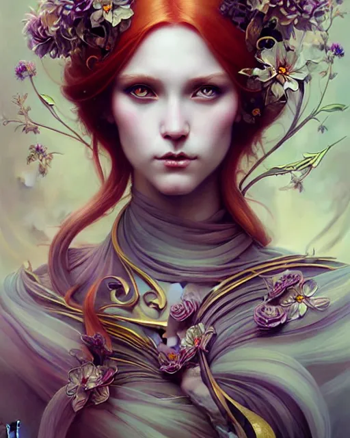 Image similar to Beautiful, evil and playful ethereal ginger portrait, art nouveau, fantasy, intricate flower designs, elegant, highly detailed, sharp focus, art by Artgerm and Greg Rutkowski and WLOP